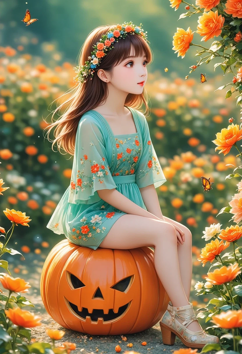 Halloween makeup,a girl sitting on a pumpkin lantern with her legs crossed and wearing a witch's hat,a grim expression,a full-body photo,