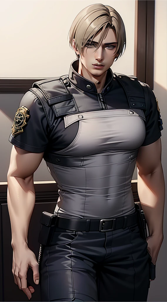 (Highly detailed CG), ( best quality), (Highly detailed CG), ( best quality), (Leon S. Kennedy), (Overall view) SWAT Clothing, Beautiful and attractive young man, Lean and muscular