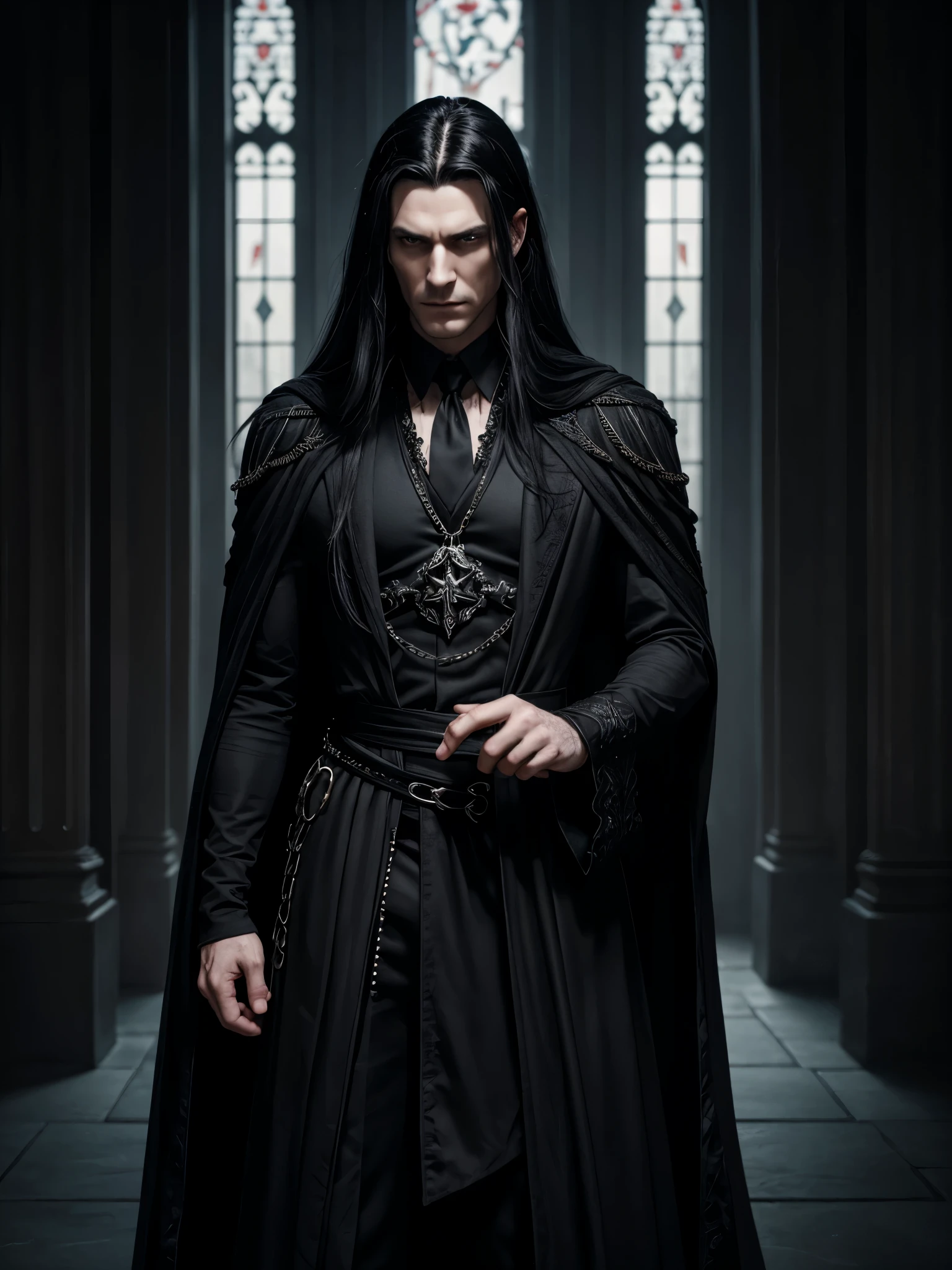 (best quality), 1boy, Male, mature male, 36 years old, pale skin, (black hair), long hair, dark eyes, perfect eyes, king, handsome, (dark fantasy), black clothes, evil, scowl, gothic, masterpiece, anatomically correct, highres
