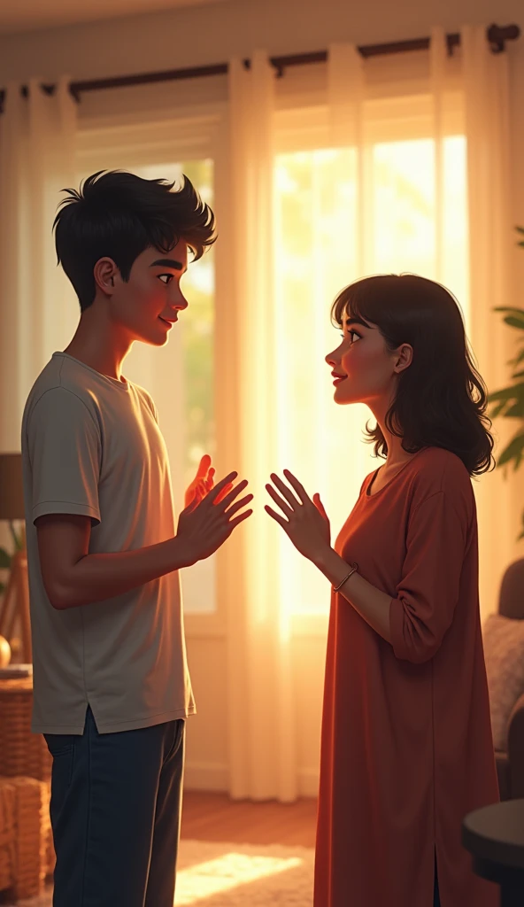 "A cozy, warm kitchen with a futuristic design. A caring mother is gently placing a hand on her teenage son’s shoulder, comforting him. The mother’s face shows concern and love, while the boy looks troubled. The morning light streams through a large window, highlighting the emotional bond between them."