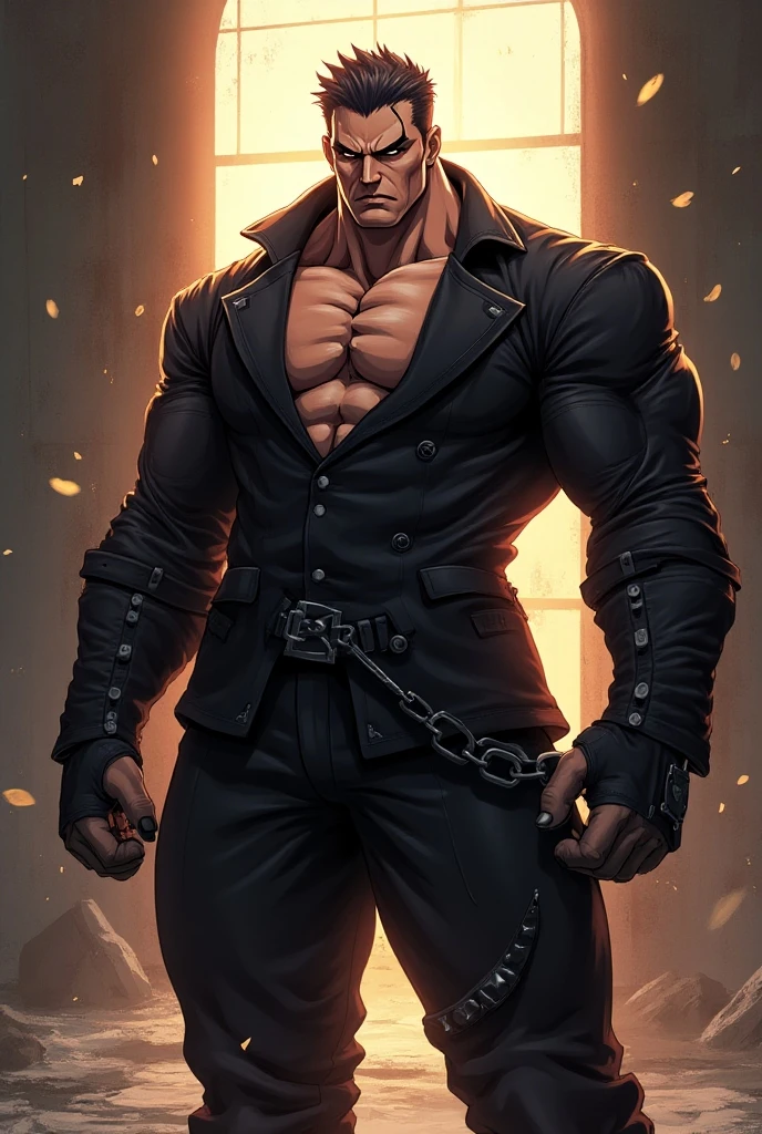 masterpiece, silverjow style, sexy male, revealing outfit, illustrative background, colorful, handsome man, chiseled face, black beard, blonde hair, chains, wet clothes, wet skin, erotic, homoerotic, HDR, absurdres, high quality,   <lora:Silverjow Style v3:1>