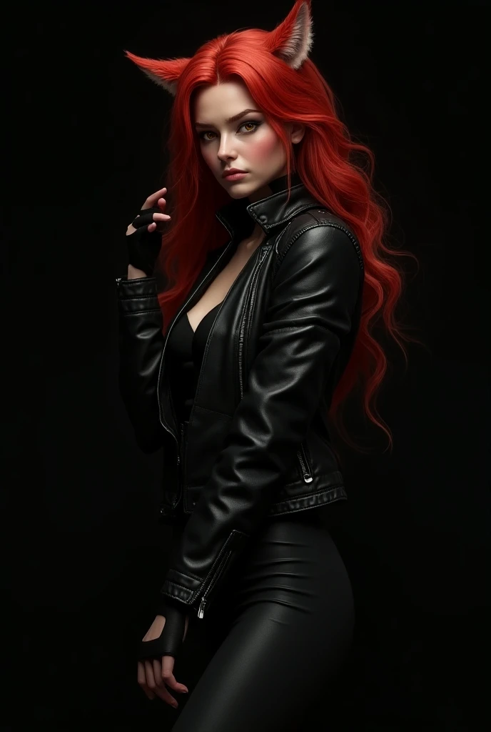 Red-haired snake woman,with a silver tank top and a black jacket,with black pants and sneakers, crouched,black backdrop 