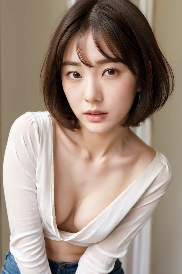 1 Japanese woman, 20 years old, High resolution, Short hair, Brown Hair, Anatomically correct, Soft Light, Reality, Super detailed, 
White silk shirt with an oversized neckline, collarbone and chest visible, Lean forward, orgasmic expression, without bra, nipples are visible, peeping, remote play, nsfw