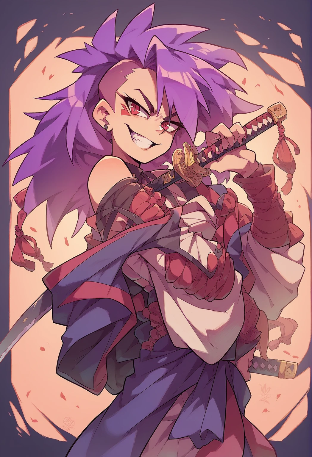 A girl, with a confident smile, purple-haired and red-eyed , using a katana in the hand