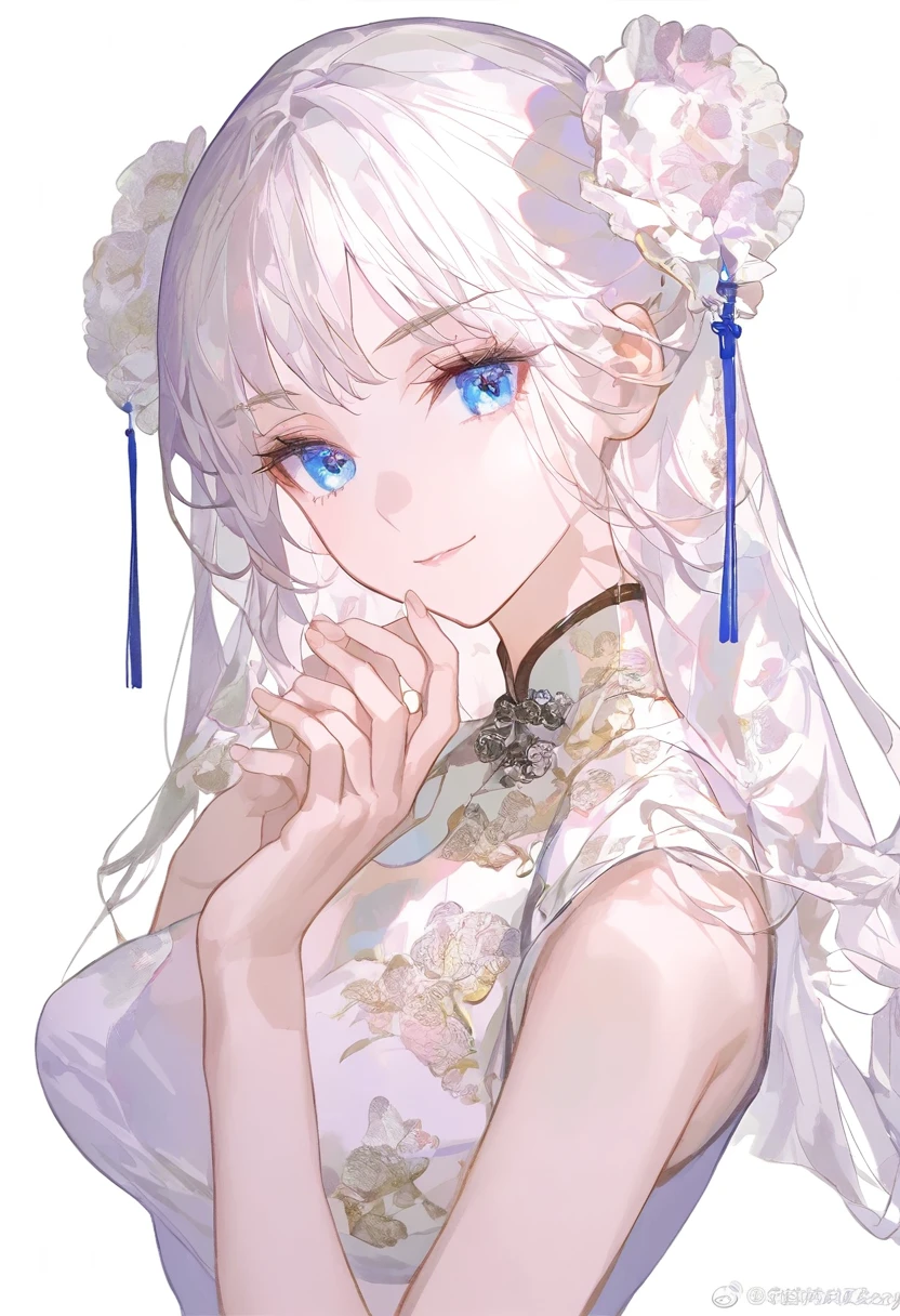 ,qipao,1girl,solo,(artist:king_( sanbonzakura)),artist:kinga_76,artist: fuzichoco ,[artist:ask_(askzy)],[[artist:Ciloranko]],year 2023, upper body,white background,smile,
