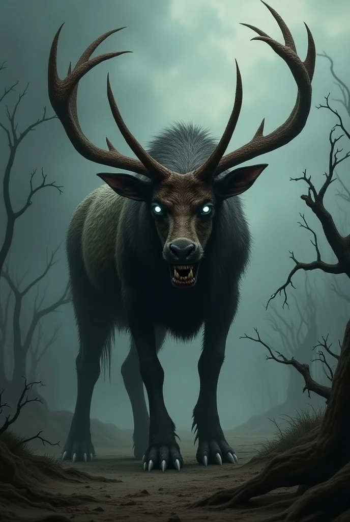 wendigo, creature with large horns and a deer mask, criptido, strong