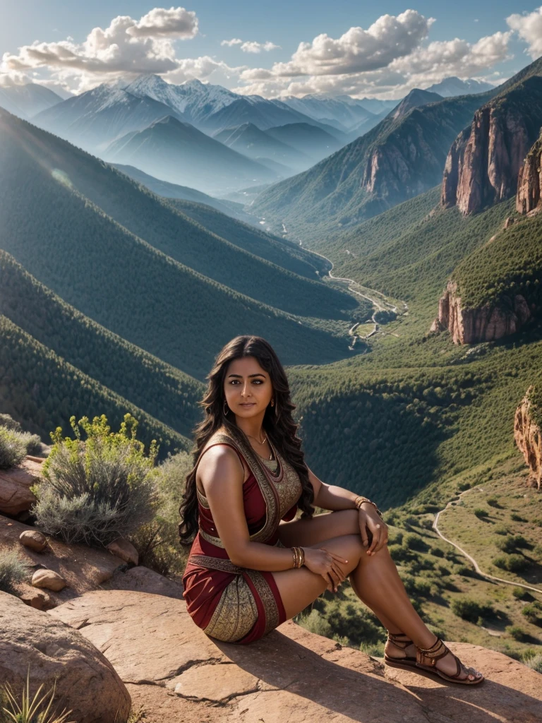 A highly detailed, photorealistic image captures an Indian woman, inspired by Anushka Shetty, sitting gracefully on a rock in the high mountains, embodying strength and tranquility. Her expressive eyes and perfectly sculpted face reflect a sense of peace as she enjoys the stunning landscape around her. Her voluminous curly hair cascades gently over her shoulders, catching the sunlight that filters through the clouds.

Dressed in a comfortable yet stylish outdoor outfit that complements her curvy, athletic physique, she exudes confidence amidst the rugged terrain. Subtle jewelry adds a personal touch, harmonizing with the natural beauty of the setting. Her ultrarealistic fingers rest on her knees as she gazes thoughtfully into the distance, conveying a sense of introspection.

The scene is set against a backdrop of arid mountain land, dotted with patches of resilient vegetation that thrive in the rocky environment. The sun casts a warm flare across the sky, illuminating the clouds and creating a dramatic interplay of light and shadow over the landscape. Pebbles and stones are scattered around her, adding texture to the ground, while a raw, winding path is visible in the distance, inviting exploration of the majestic surroundings.

Her posture is relaxed yet dignified, with muscular thighs visible as she sits confidently on the rock. The natural lighting highlights her ultrarealistic skin, capturing the subtle textures and warmth of her complexion. The breathtaking scenery—a blend of rugged peaks and the vibrant sky—creates a captivating atmosphere, emphasizing her connection to nature and the serenity of her surroundings.

This full-body, high-quality image presents a powerful woman in a moment of reflection amidst the grandeur of the mountains. The attention to detail—from her realistic fingers resting on her knees to the stunning interplay of light and landscape—creates an enchanting portrayal of strength, beauty, and harmony with nature.A highly detailed, photorea