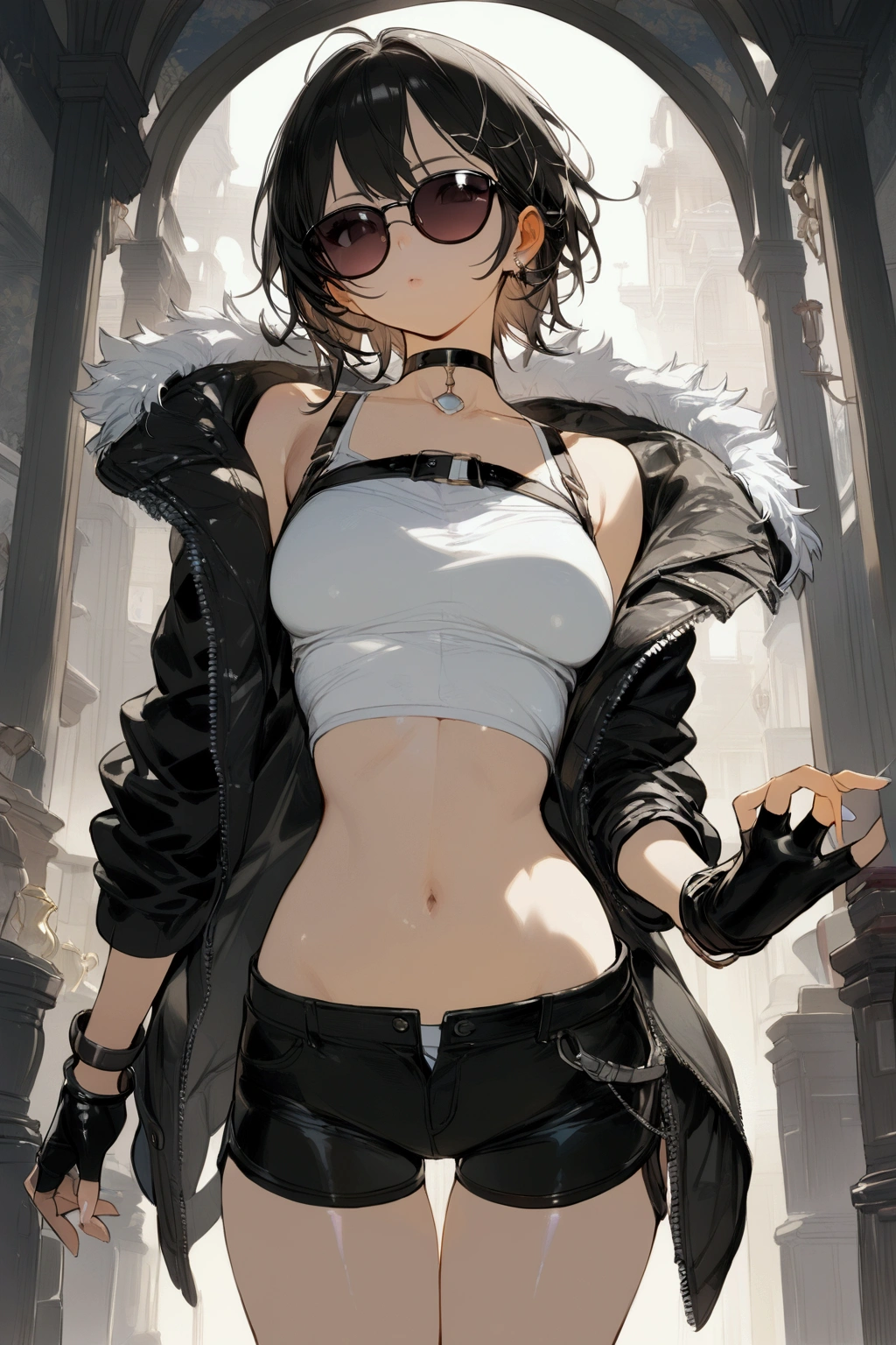 absurdres, RAW photo, extremely delicate and beautiful, masterpiece, Best Quality, ultra high resolution, 32k, hyperrealistic, ultra-detailed, delicate facial features, beautiful detailed woman, tearful mole, earring, medium breasts, full body shot, medium hair, black hair, tracksuit, shorts, navel,