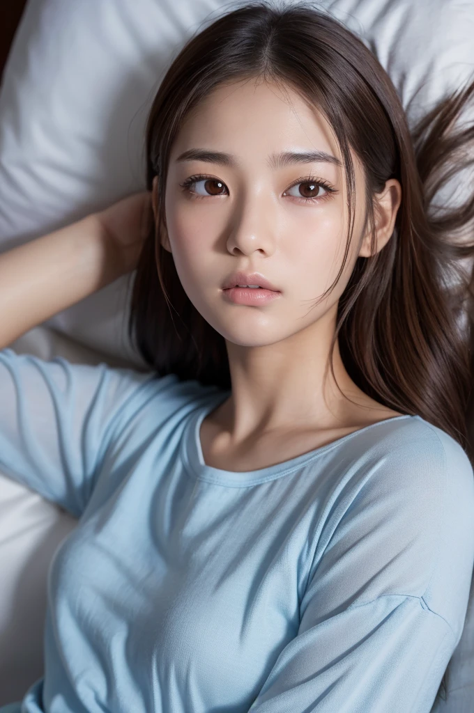 ((highest quality, masterpiece :1.3)), Photorealistic、Ultra-high resolution、Natural skin texture、Hyperrealism、Near Movies、Beautiful Japanese girl in her early teens、One girl、Small breasts、Sky blue crop top、Lying in bed、Frightened expression、Tears flowing