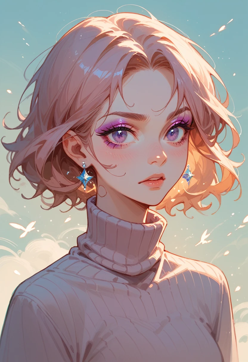 Glittering eyeshadow nude girl Light lavender turtleneck