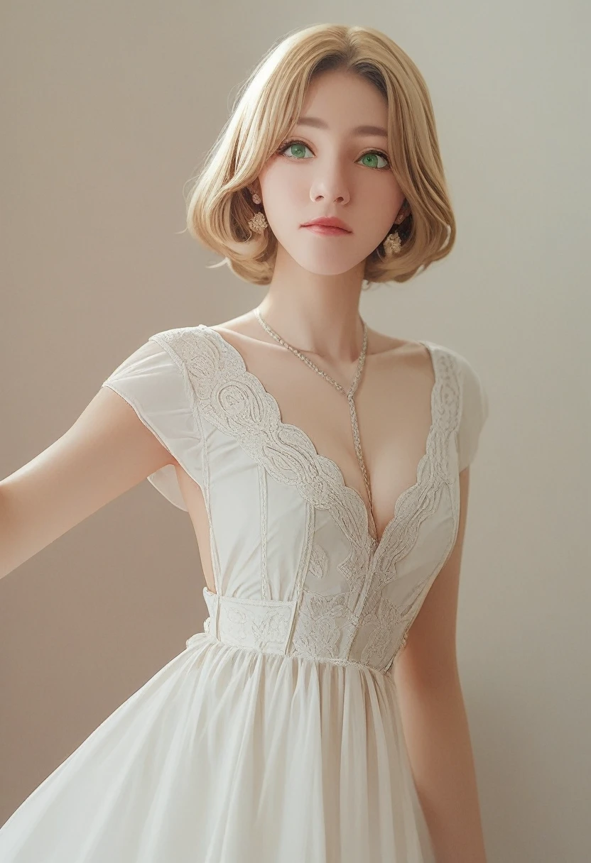 ((Highest quality)), (( Masterpiece )), ( Details), （Perfect face）、That woman is Thierry., With green eyes, Medium length blonde hair,  and dressed as a young Siena., 