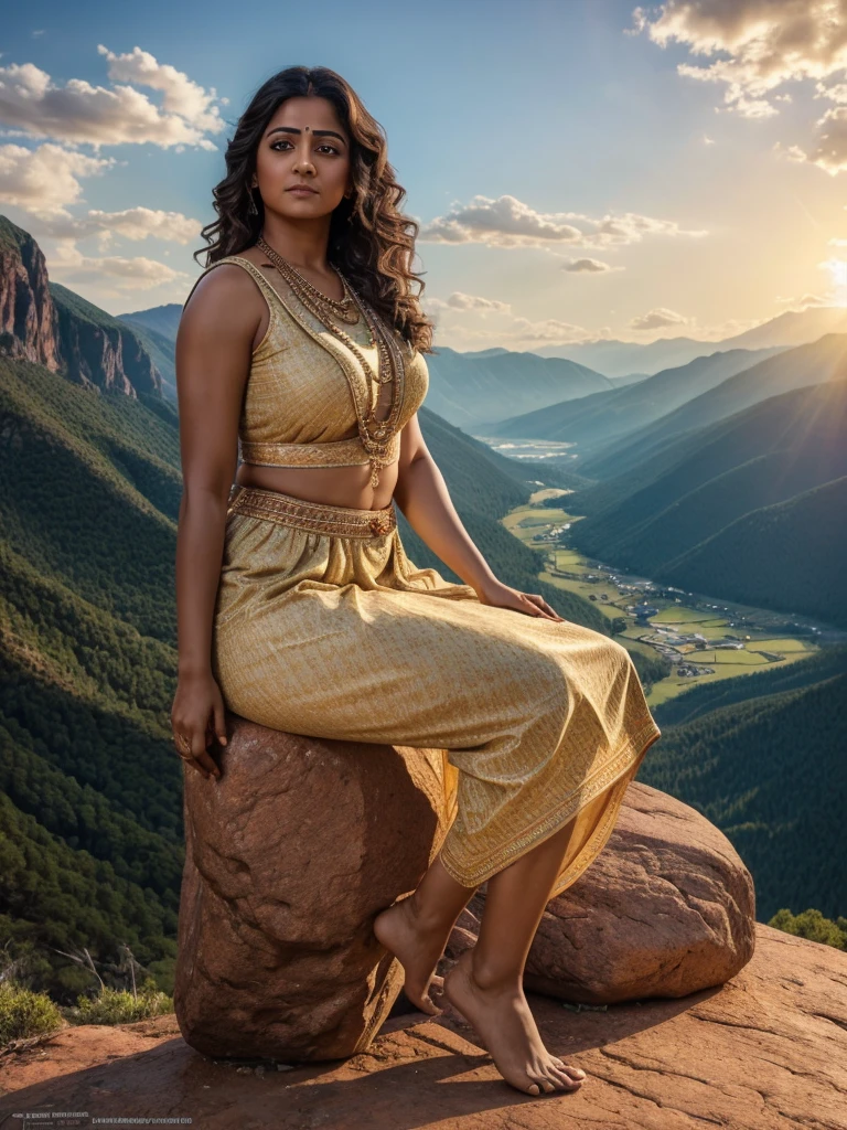 A highly detailed, photorealistic image captures an Indian woman, inspired by Anushka Shetty, sitting gracefully on a rock in the high mountains, embodying strength and tranquility. Her expressive eyes and perfectly sculpted face reflect a sense of peace as she enjoys the stunning landscape around her. Her voluminous curly hair cascades gently over her shoulders, catching the sunlight that filters through the clouds.

Dressed in a comfortable yet stylish outdoor outfit that complements her curvy, athletic physique, she exudes confidence amidst the rugged terrain. Subtle jewelry adds a personal touch, harmonizing with the natural beauty of the setting. Her ultrarealistic fingers rest on her knees as she gazes thoughtfully into the distance, conveying a sense of introspection.(expose skin:1.1), big fat 

The scene is set against a backdrop of arid mountain land, dotted with patches of resilient vegetation that thrive in the rocky environment. The sun casts a warm flare across the sky, illuminating the clouds and creating a dramatic interplay of light and shadow over the landscape. Pebbles and stones are scattered around her, adding texture to the ground, while a raw, winding path is visible in the distance, inviting exploration of the majestic surroundings.

Her posture is relaxed yet dignified, with muscular thighs visible as she sits confidently on the rock. The natural lighting highlights her ultrarealistic skin, capturing the subtle textures and warmth of her complexion. The breathtaking scenery—a blend of rugged peaks and the vibrant sky—creates a captivating atmosphere, emphasizing her connection to nature and the serenity of her surroundings.

This full-body, high-quality image presents a powerful woman in a moment of reflection amidst the grandeur of the mountains. The attention to detail—from her realistic fingers resting on her knees to the stunning interplay of light and landscape—creates an enchanting portrayal of strength, beauty, and harmony with nature.