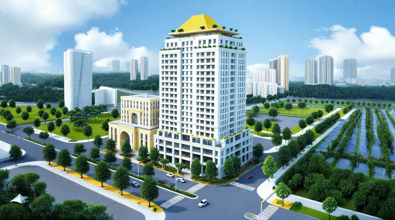 shangyejie, a residential towers, with a small podium at the ground floor and white color, in the Ho Chi Minh city in Viet Nam, designed in the style of modern architectural style. light yellow, random color, The towers have rectangular balconies on each side.side view,During the daytime, natural lighting, architectural photography, masterpiece, best quality, photorealism, ultra relistic, 