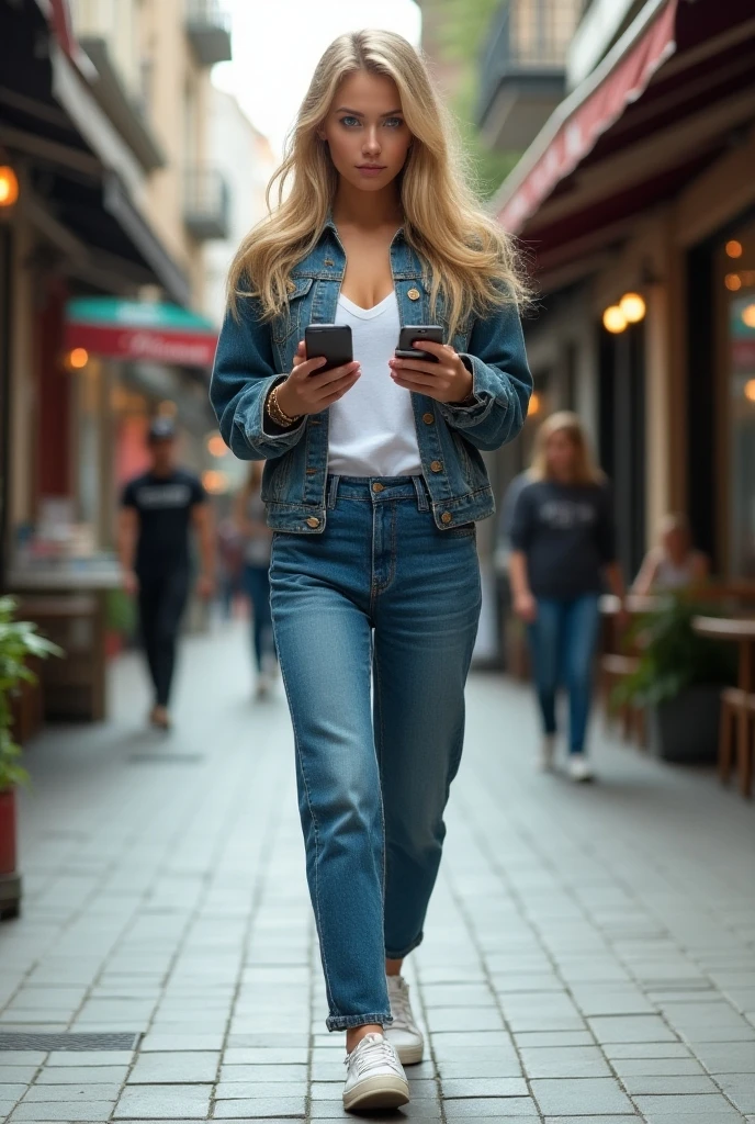 raw photo, Photorealistic, 8K, High Definition, natural young Woman, messy blonde short hair, standing on footpath, facing camera, (wearing loose white crew-neck T-shirt, short sleeve, t-shirt tucked into jeans:1), blank t-shirt, casual long jeans with slim belt, perfect anatomy, Bokeh, Street luxury stores in background, People in background, blurry background, dusk, London, instagram selfie
