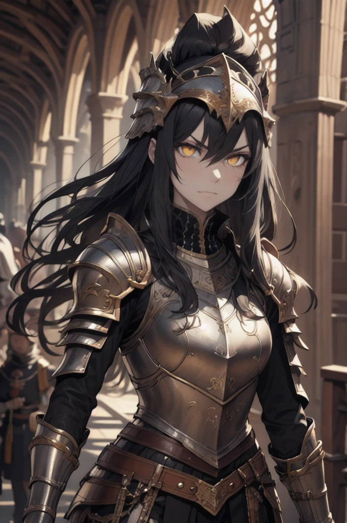 pale skin female, in medieval full plate armour, no helmet, intense stare, amber eyes, empty eyes, black hair, snarl