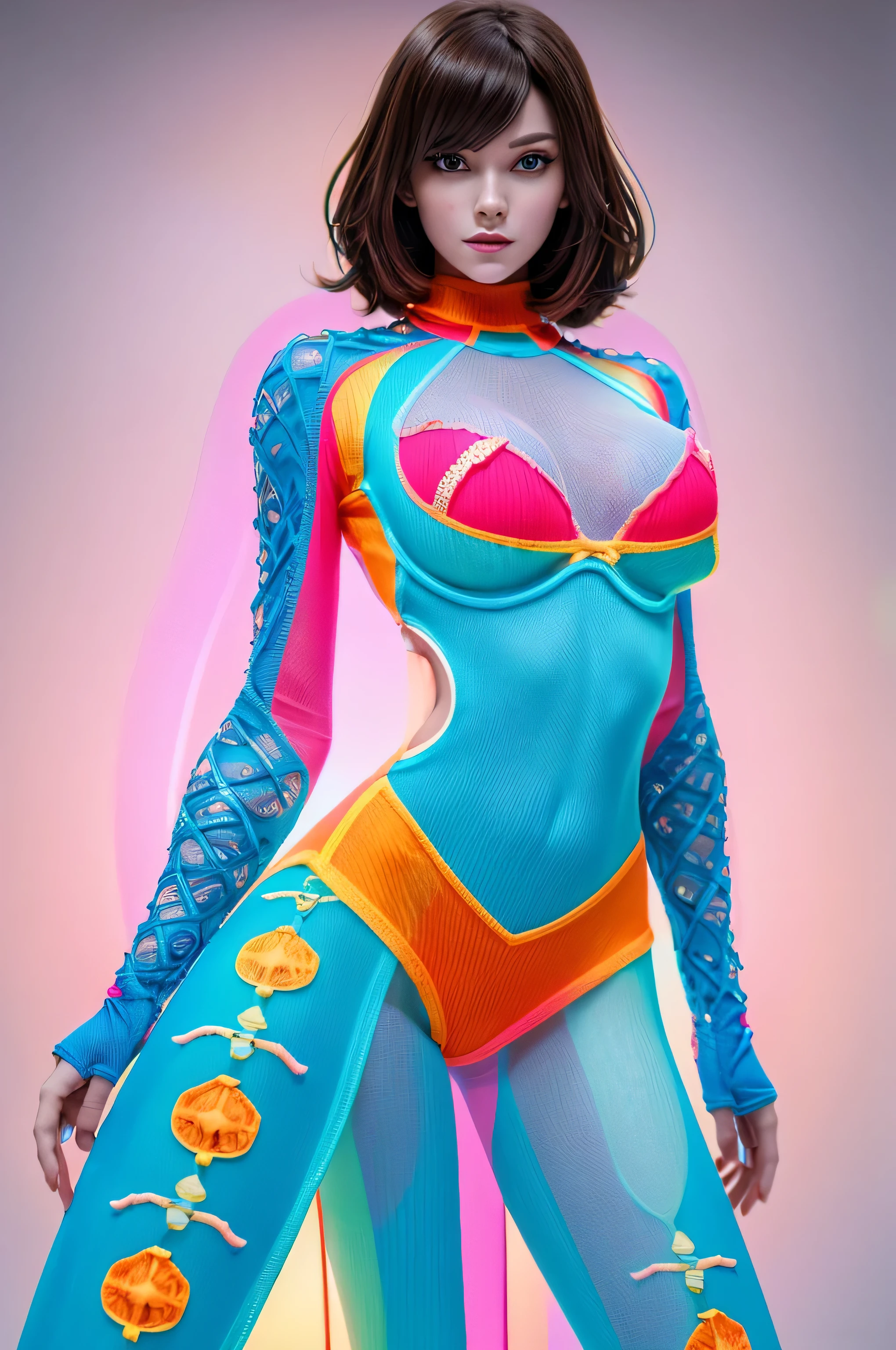 A beautiful attractive woman with short hair, full body portrait, in the style of Moebius, full of pink and white hexagons in the background, with a futuristic sci-fi aesthetic style, simple details, minimalism, black lines, clean pictures. The skin is white, there is a tattoo pattern on her body, and she has an extremely delicate face that resembles floating glass. A sense of mystery, soft lighting, ultra-high definition images, and a cool color tone. She is wearing, 32k ,uhd