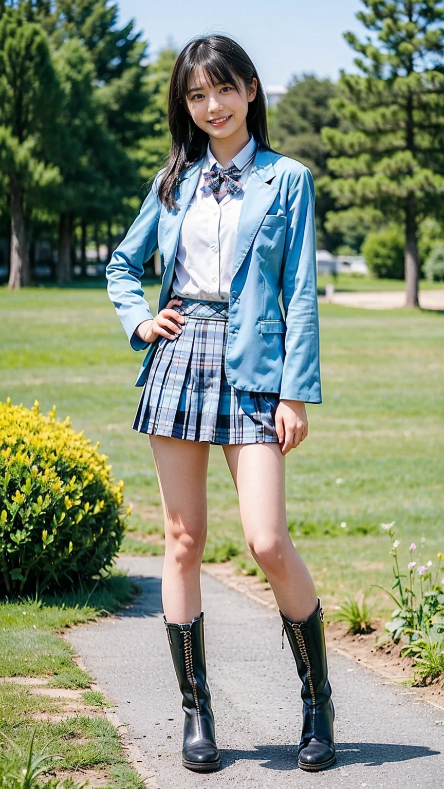 (8k、RAW Photos、 best quality、masterpiece:1.2)、(Realistic、Realistic)、1 person、((Light blue blazer、 medium hair、smile、Schoolgirl uniform、 plaid mini skirt、boots、garden、Thin legs、whole body、 stand with their hands on their hips ))、cute