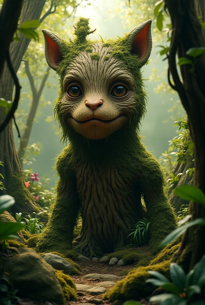 small, an extremely adorable big eyed pixie cute creature with wild scruffy hair holding an umbrella leaf in a misty forest, . The creature is sitting on a rock among green leaves. It has big, blue eyes that seem to be curious about something. The leaf hat is wet and has water droplets falling from it. The sunlight shines through the mist and creates a magical effect