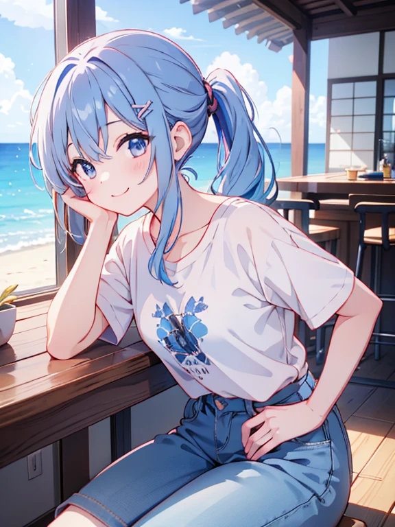 Highest quality,8k,detailed,F cup bust、Big Breasts、Slim and beautiful arms、Slim body、Very white beautiful skin、((((1 person、smile、Swimwear、Thin white bikini、smile、sit、In the background are the urban buildings of Tokyo、Outdoor café terrace、Drink juice、Cheek resting on hand、coastal、table、looking at the camera、Very cute face、Looking up、Shooting from a distance、Shot from above、Navy hair color))))、Sexy pose、Very blue sky、A completely cloudless sky、She tilted her head slightly、The atmosphere is bright and lively、The woman is at the center of the image。