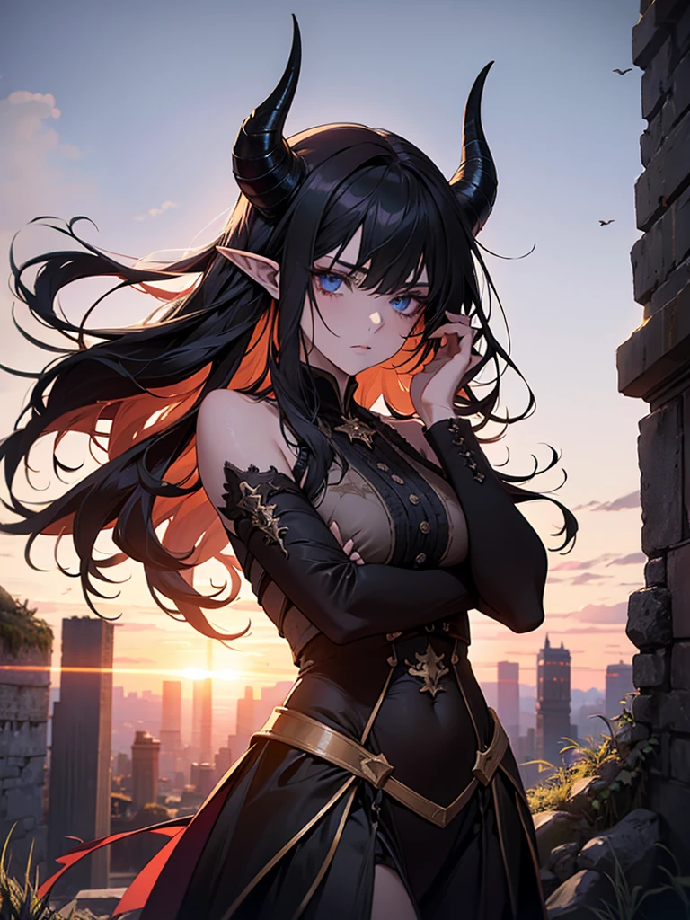 (masterpiece,  high quality rouás, Highly detailed, ANIME STYLE) 
demon woman, 30s, goat horns, long black hair, blue eyes, light skin, pointy elf ears, beautiful curves, intricate tattoos..  Revealing medieval style black clothing .  Stays in a ruined castle after the battle, showing fatigue and injuries .  Dramatic pose with open arms . tons escuros,   dramatic lighting  ,  twilight sky or dawn .