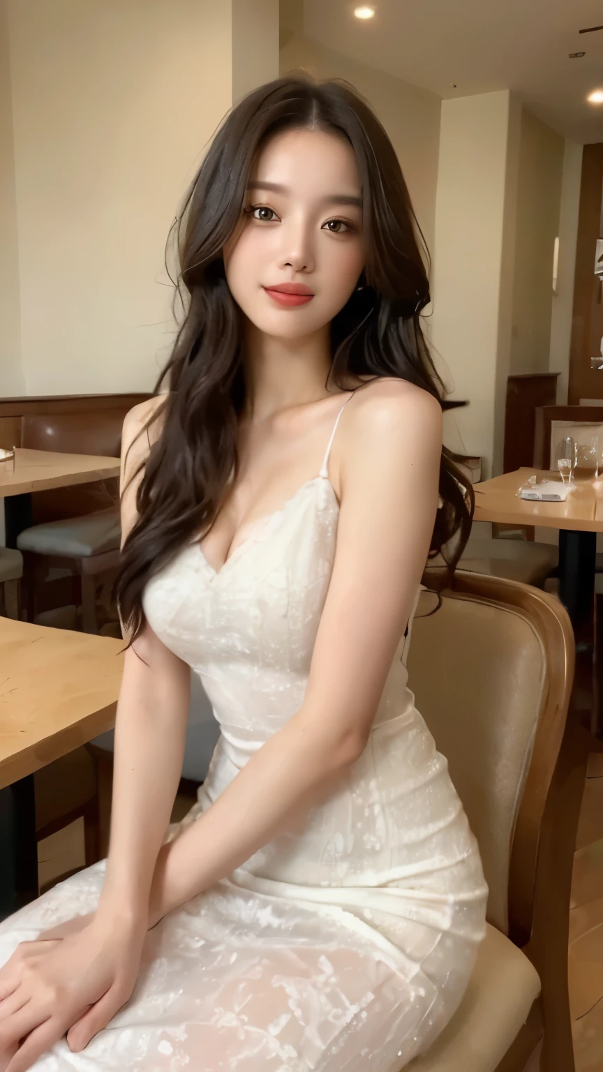 ((top-quality、8k、​masterpiece:1.3))、Beautiful woman with perfect body:1.4、slim abdomen:1.2、Longhair, normal breast, Highly detailed facial and skin texture, A detailed eye, (smile), (full body shot), ((high class restaurant)), (sitting on chair), (((wearing white dress)), looking in front