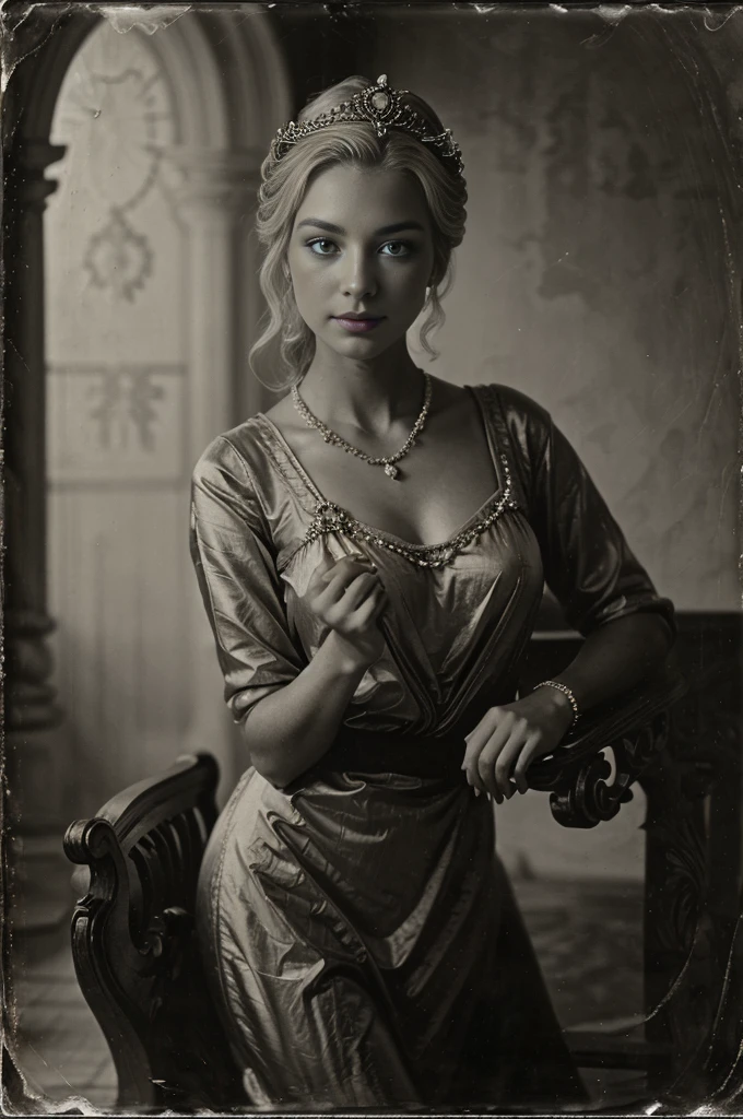 A old monochrome old photo of a russian empress, A woman in silver satin and pearls topped by a diamond and emerald-studded crown and an emerald pendant picked by faberge, red lipstick, the royal blonde hairstyle of the 1800's, blue eyes, a mole under the lower lip, shy smiling on her face, She stands in the Royal throne Room of The Winter Palace Saint petersburg, black and white photo of the 19th century,  Works inspired by Friedrich von Amerling, Inspired by Thomas Lawrence, Inspired by Franz Xaver Winterhalter, Nick Alm, elegant portrait, beautiful portrait of a woman, Inspired by Casey Baugh, Inspired by Howard Chandler Christie, cool beauty, perfect tall model body, best quality, perfect angle, perfect composition, best shot, cinematic light, grainy, dust, scratches, blurry, Daguerreotype, Gelatin silver, Collodion_Photo, sepia 