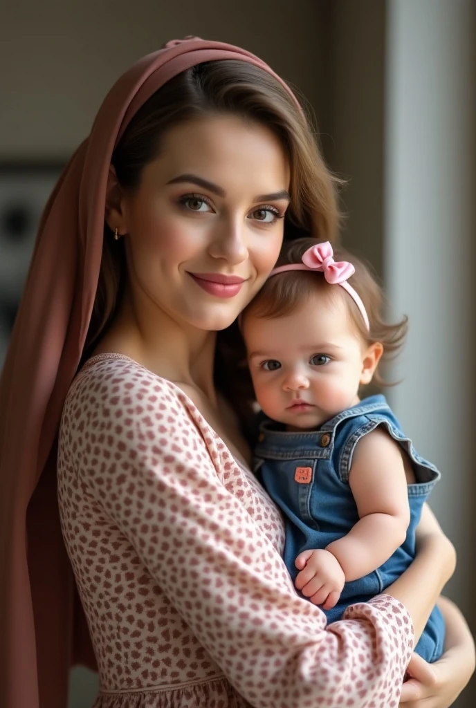 1 Girl, Beautiful, Russian Baby Face, 20 Years Old, White Skin, Hijab Muslim Outfit, Top of The Mountain Background, Smile, ((bokeh:1.3)), Carrying Baby Girl, Perfect Body Anatomy, ((adorable:1.1)), ((masterpiece:1.1)), HDR 🤰🏻