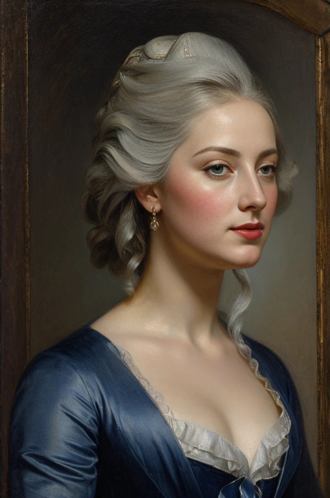 A picture of A woman in a magnificent closed blue dress of the 18th century, red lipstick, Furina from Genshin Impact, Queen Marie-Antoinette, 18th century, French short hairstyle with silver hair from the 1790s, blue eyes, a mole under the lower lip, her melancholic face looking at the viewer, She stands in the middle of the Place de la Concorde in Paris surrounded by people, with a guillotine in the background behind her, outdoors, outside, autumn, grey clouds, rainy weather, The Great French Revolution, Works inspired by Friedrich von Amerling, Inspired by Thomas Lawrence, Inspired by Franz Xaver Winterhalter, Nick Alm, oil painting style, realistic woman oil painting, elegant portrait, beautiful portrait of a woman, Inspired by Casey Baugh, elegant digital paintings, Inspired by Howard Chandler Christie, cool beauty, perfect tall model body, best quality, perfect angle, perfect composition, best shot, official art, cinematic light, supreme work of art