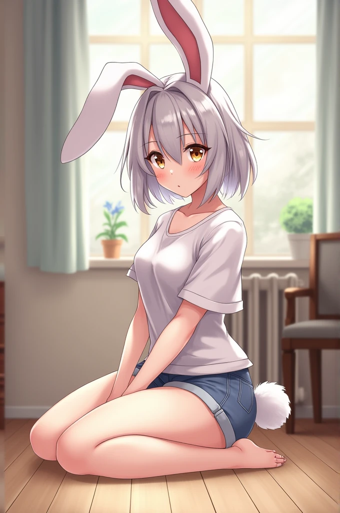 1girl, solo, Pink hair, rabbit ears,white polo shirt, white sneakers, tennis wear, white miniskirt, masterpiece, best quality, realistic, hyper-detailed, (shiny skin, sweaty:1.4), absurd, looking at viewer, short black hair, brown eyes, slender, dynamic lighting, high resolution, sharp focus, depth of field, detailed eyes, sharp pupils, realistic pupils, (small breasts:1.6), (thick thighs:1.0), outdoor, sky, --auto