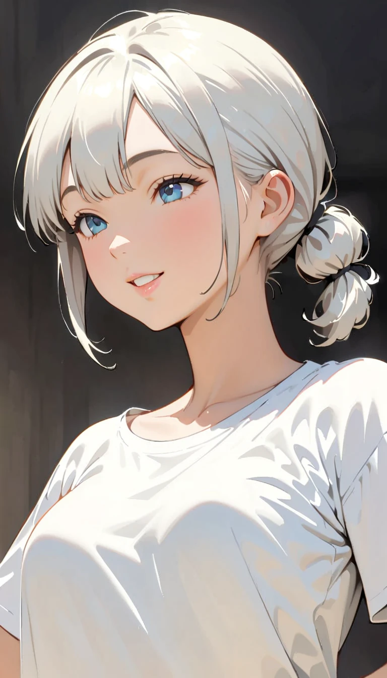 (Best Quality:1.2,  city pop style,  very detailed, up to date, Vibrant,  high contrast , masterpiece:1.2, Best aesthetics), girl, One person, 20-year-old women,  eyelids are half closed , Simple clothes,  white shirt, (( upper body sideways upshot:1.4)), Silvery hair ,  twin tails , Monochrome Art, Beautiful Lips, Beautiful Smile,  anime style, ((Retro, Vintage, Plain background))