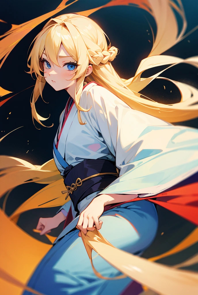 Alluring Kimono, long blonde hair,Blue Eyes,Anime Style