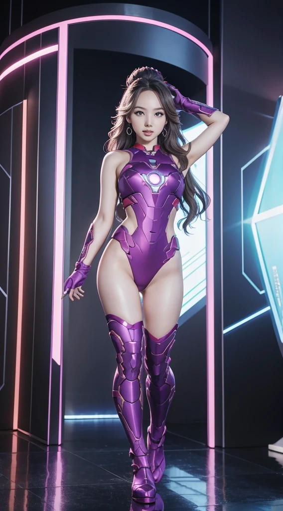 Full Body Photo. Standing in a full height. Studio Background. 8k HD good quality image. Nayeon from TWICE has an ideal body, sexy wavy body, straight long hair, wearing a Purple Full Iron Man suit from top to toes without the helmet. FULL BODY FROM HEAD TO TOE. Standing in a FULL HEIGHT FROM HEAD TO TOE. 

The picture must show a complete head to toe picture of the Nayeon