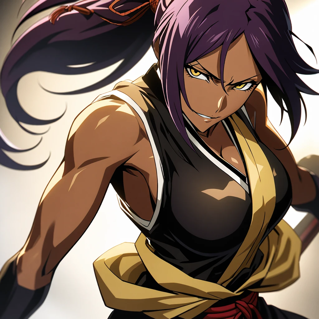 Yoruichi Shihōin from Bleach, dark-skinned woman with dark purple hair tied in a high ponytail, wearing a low-cut sleeveless top and a light yellow jacket, sharp yellow eyes, seductive smirk, detailed and intricate anime style, dynamic pose, studio lighting, sharp focus, 8k resolution.