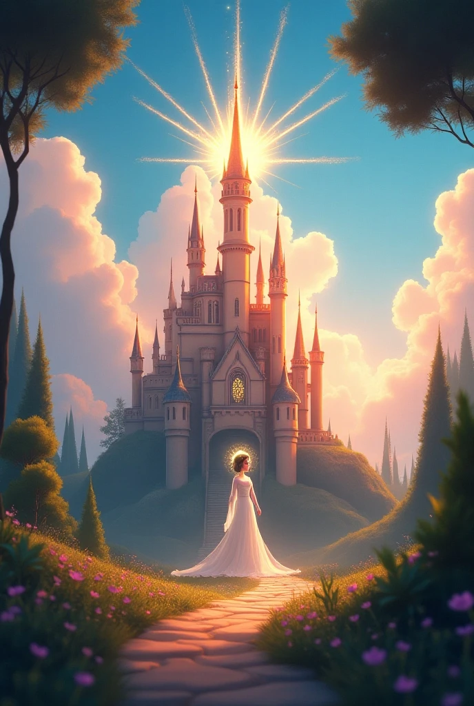 Elaria with Light Restored**
- **Image 1:** "The kingdom of Elaria bathed in sunlight for the first time, with rays of sunlight breaking through the clouds and shining on the castle