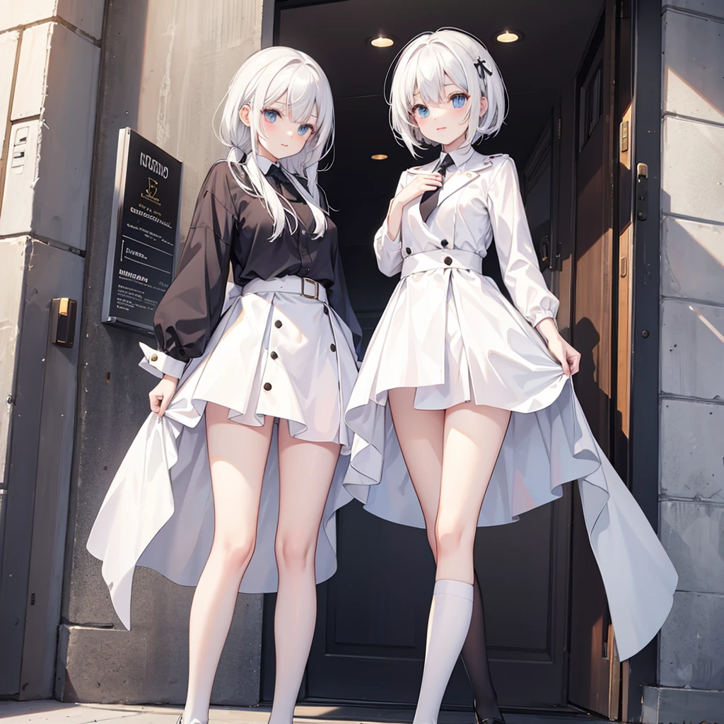 short white hair and white cat ears white t-shirt blue shortsblue eyes smile on face tail behind medium size breasts girl anime
high quality