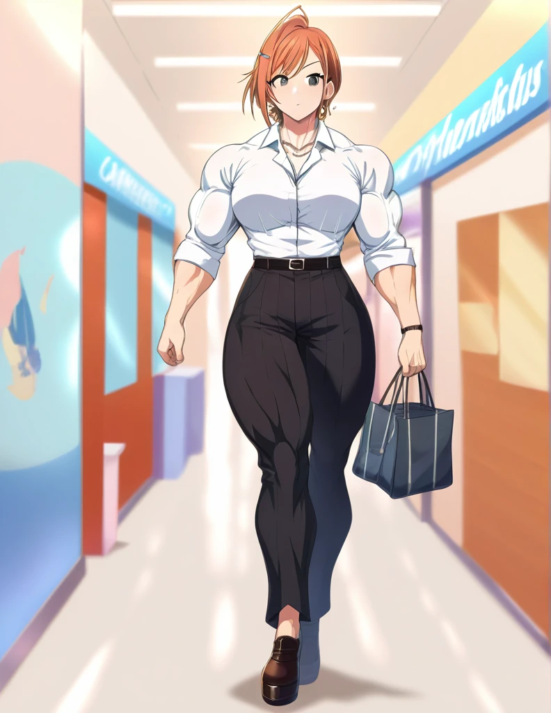 muscular girl, ((((huge)))) girl, (((((flat))))) chest,((((((wide)))))) shoulder, 1girl, ((((thick)))) neck, (((((wide))))) pecs, ((((muscular, muscle, big girl, thick arms, (((large))) torso, pectorals, lat, ((((huge)))) hip, legs, thighs, calves)))), straight waist, full body, high heel, shopping mall, idolm@ster, idolmaster, anime, japanese anime, japanese animation, arisugawa natsuha, natsuhaarisugawa, 1girl, solo, orange hair, short hair, ahoge, swept bangs, black eyes, white shirt, collared shirt, long sleeves, black shirt, strapless, strapless shirt, black pants, black belt, necklace, earrings, detailed eyes, detailed mouth, detailed face, detailed faceline, long hair, best quality, masterpiece, intricate details, detailed, professional, necklace, front view, Upper pectoralis major, Middle pectoralis major, Lower pectoralis major, Trapezius, deltoid, anterior deltoid, middle deltoid, posterior deltoid, Biceps, Biceps long head, Biceps short head, Triceps, Triceps medial head, Triceps Lateral Head, Triceps long head, Sternocleidomastoid, Platysma, Forearm Muscles, Serratus anterior, Gluts, gluteus maximus muscle, Gluteus medius muscle, Tensor fasciae latae muscle, quads, Rectus femoris muscle, Vastus lateralis muscle, Vastus intermedius muscle, Vastus medialis muscle, hamstring, Biceps femoris muscle, Biceps femoris long head, Biceps femoris short head, Semimembranosus, Semitendinosus, Adductor magnus muscle, surae muscle, Triceps surae muscle, Gastrocnemius muscle, Soleus muscle