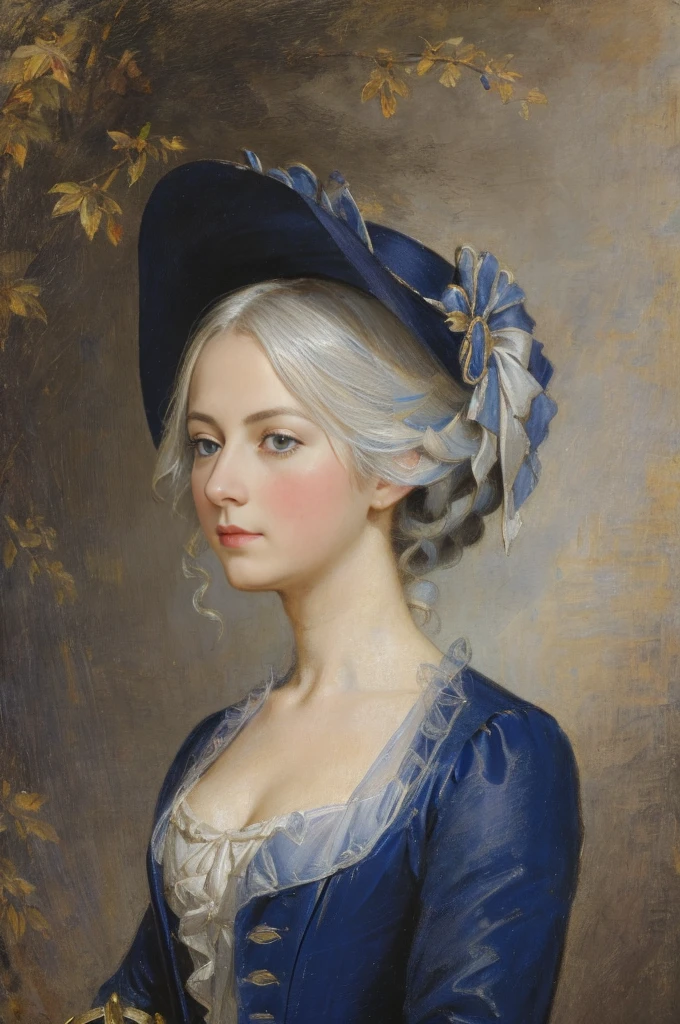 A picture of A woman in a magnificent closed blue dress of the 18th century, red lipstick, Furina from Genshin Impact, Queen Marie-Antoinette, 18th century, French short hairstyle from the 1790s, short silver hair with blue streaks, blue eyes, a mole under the lower lip, her melancholic face looking at the viewer, She stands in the middle of the Place de la Concorde in Paris surrounded by people, with a guillotine in the background behind her, outdoors, outside, autumn, grey clouds, rainy weather, The Great French Revolution, Works inspired by Friedrich von Amerling, Inspired by Thomas Lawrence, Inspired by Franz Xaver Winterhalter, Nick Alm, oil painting style, realistic woman oil painting, elegant portrait, beautiful portrait of a woman, Inspired by Casey Baugh, elegant digital paintings, Inspired by Howard Chandler Christie, cool beauty, perfect tall model body, best quality, perfect angle, perfect composition, best shot, official art, cinematic light, supreme work of art