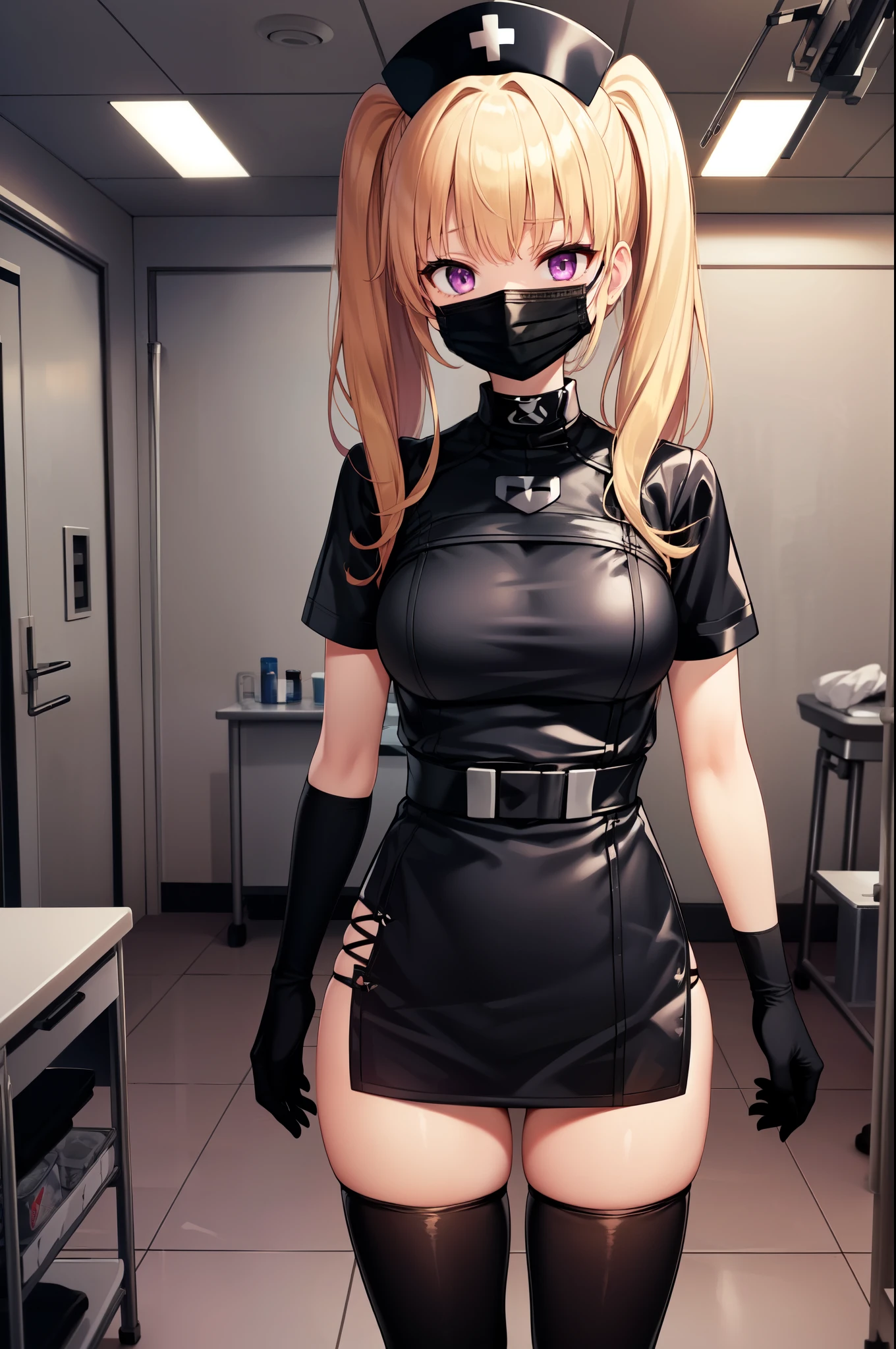 black nurse, 1girl, solo, black nurse cap, black nurse uniform, ((black legwear, zettai ryouiki)), black elbow gloves, twintails, yellow hair, purple eyes, ((black surgical mask, covered nose)), standing, ((surgery room)), sharp outline, short sleeves, best quality, masterpiece