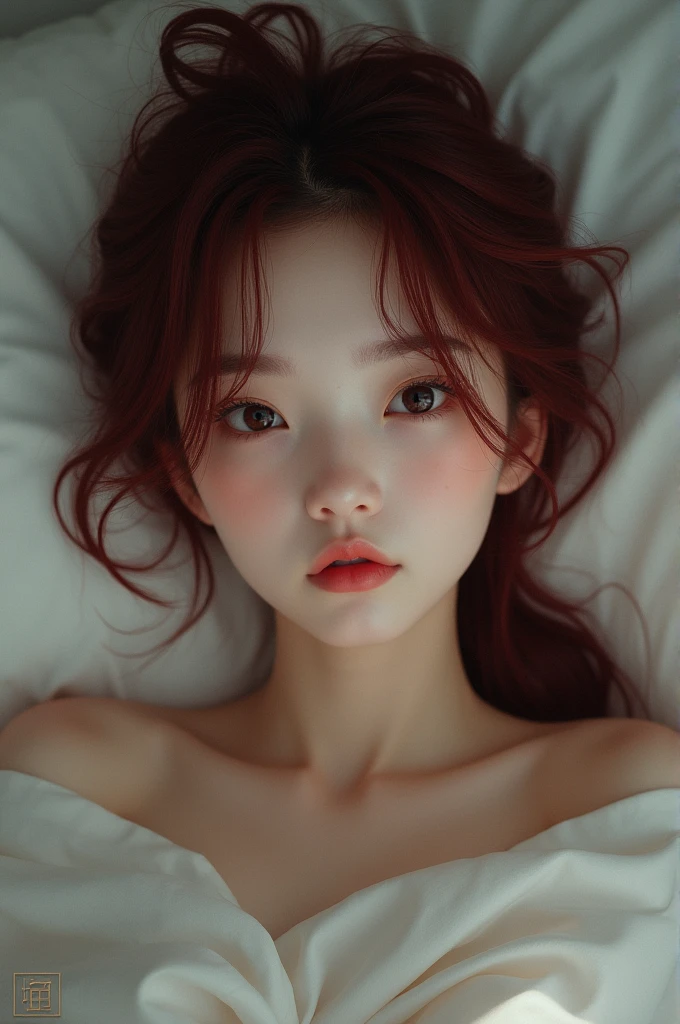 (1girl),apartment, bed, clothes in disarray,(pajamas:1.2),topless, (small nipples), (big breasts: 1.2), nude gravure, beautiful Japanese, (from above) ,looking at viewer,(lying down pose),(embarrassed),bust shot,(red dip-dye hair),22years old,