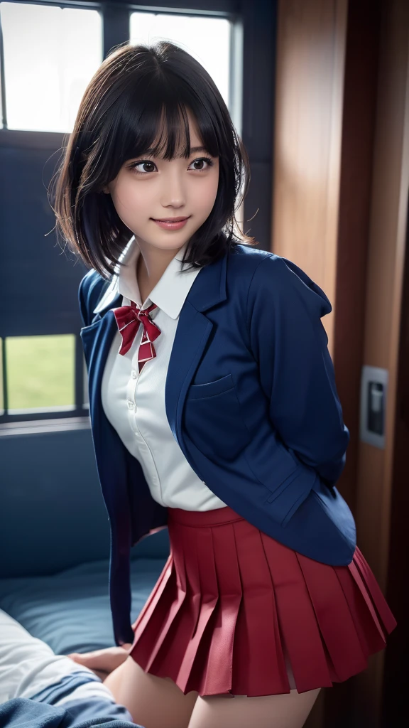 ((masterpiece,  best quality,   High Resolution  )),   Japanese High School Girls  、(Realistic: 1.4), smile、Pointed Mouth、With a pout、Great face,Glossy wet lips 、age 15、Short Bob、(Beautiful Hair:1.5), uniform、( navy blue blazer 、 navy blue jacket)、( White blouse)、( red tie )、( VERY SHORT PLEATED MINI SKIRT)、Beautiful body、Beautiful ass、  Beautiful Thighs、Beautiful legs、In the bedroom、 staring in the sky 、 side angle 、   highly detailed CG synthetic 8K wallpaper ,   High resolution RAW color photos,   professional photography, Light, BackLight, Dreamy, Impressive,    Depth of Written Boundary  , ( Upper body close-up :1.5)