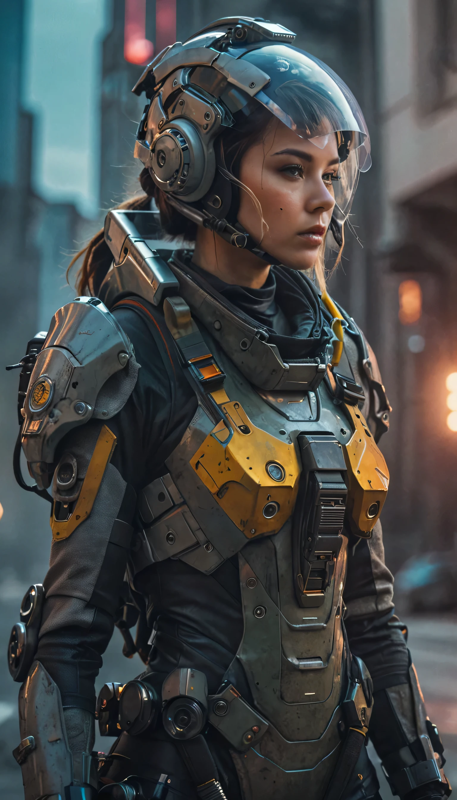 a close up of a person in a futuristic suit with a helmet on, mechanized soldier girl, futuristic soldier, infantry girl, portrait futuristic solider girl, cyberpunk soldier, wojtek fus, soldier girl, portrait armored astronaut girl, scifi woman, beautiful female soldier, sci-fi soldier, sci-fi female, military girl, clothed in sci-fi military armor