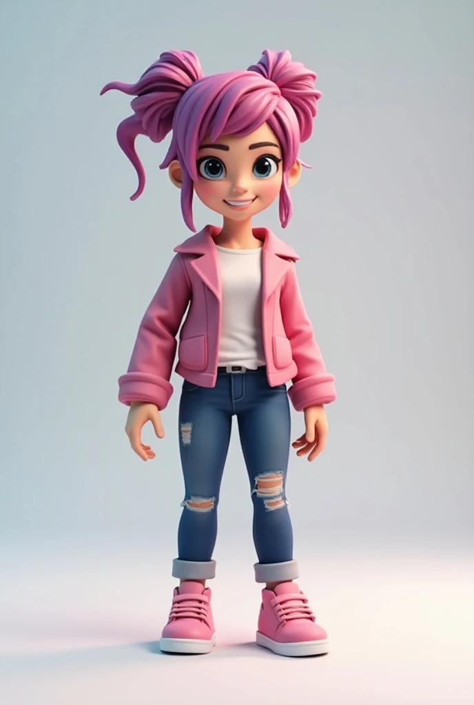 A stylized animated character with short, pink hair and large expressive eyes stands confidently. She wears a light pink cropped off-the-shoulder top and distressed blue jeans with patches. Black high-top sneakers complete her casual look. The background is a solid teal color, enhancing the vibrant appearance of the character.