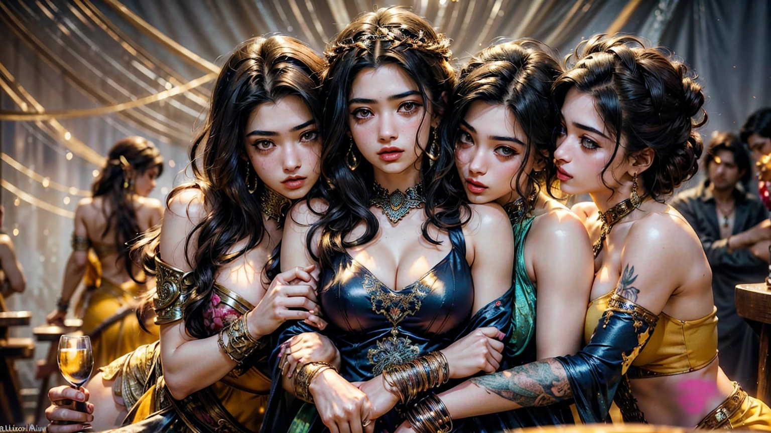 (4 women, photorealism:1.2), The Seductive Persian Queen, (best quality,4k,8k, high res, masterpiece:1.2), ultra-detailed, realistic, tattoos, flash photography, dark nightclub, high saturation, bold colors, dramatic lighting, realistic, intricate details, warm colors, by Greg Rutkowski, by Alphonse Mucha,[[ Indian actresses, Tripti Dimri]], [huge perky breasts, cleavage bulge][DDD size breasts], neon yellow dress, ( women, touching eachother, hugging, grabbing from behind , breasts eachother, pouring wine on, kissing eachother,)[little healthy women, thick ass, slim waist, ]