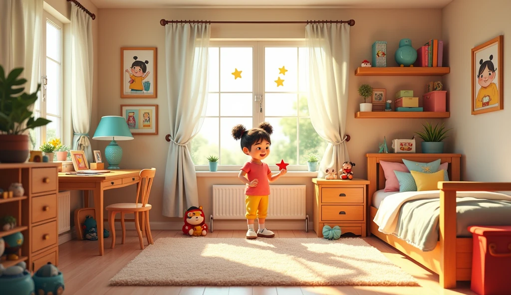 Girl inside the corner of a house with many toys around and a sign that says Jeimy's little corner 🥺