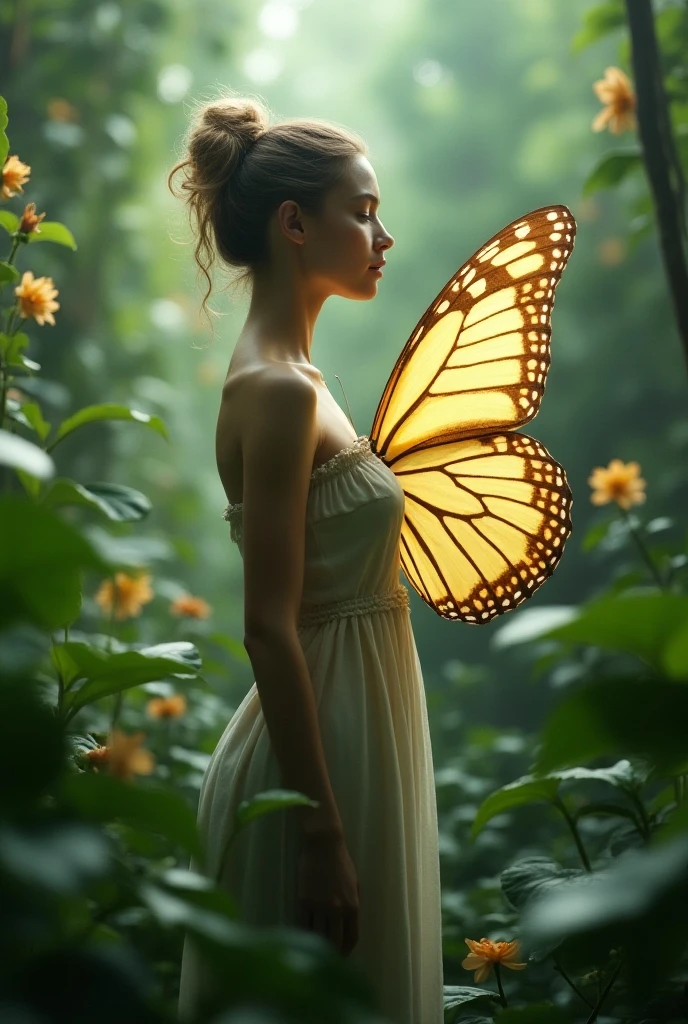 Beautiful 16 year old girl, a fairy with butterfly wings on her back, naked seed behind a background of flowering forest, bright illuminated