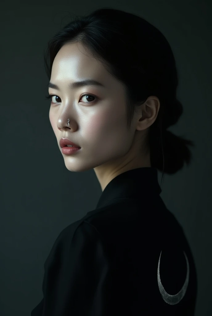 Thai woman's face is long, sharp, wearing a black blouse on the back with the moon