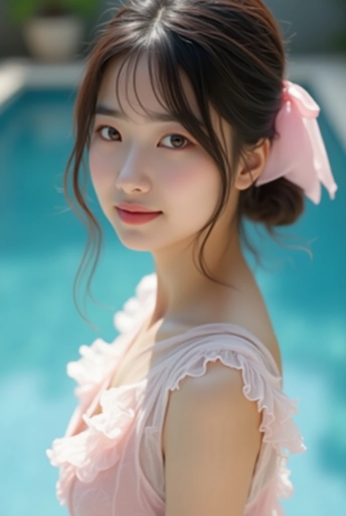 ((of the highest quality, 8K, masutepiece: 1.3, Raw photo)), Sharp Focus: 1.2, (1 AESPA Girl :1.1), Solo, (Realistic, Photorealistic: 1.37), (Face Focus: 1.1), Cute face, hyperdetailed face, short messy hair, Small Smile, small breasts, (bathroom:1.2), (blush:1.2), (naked:1.4), from behind, (girl is soaking in hot water:1.3), (night:1.5), (water vapor:1.2), flower, lily