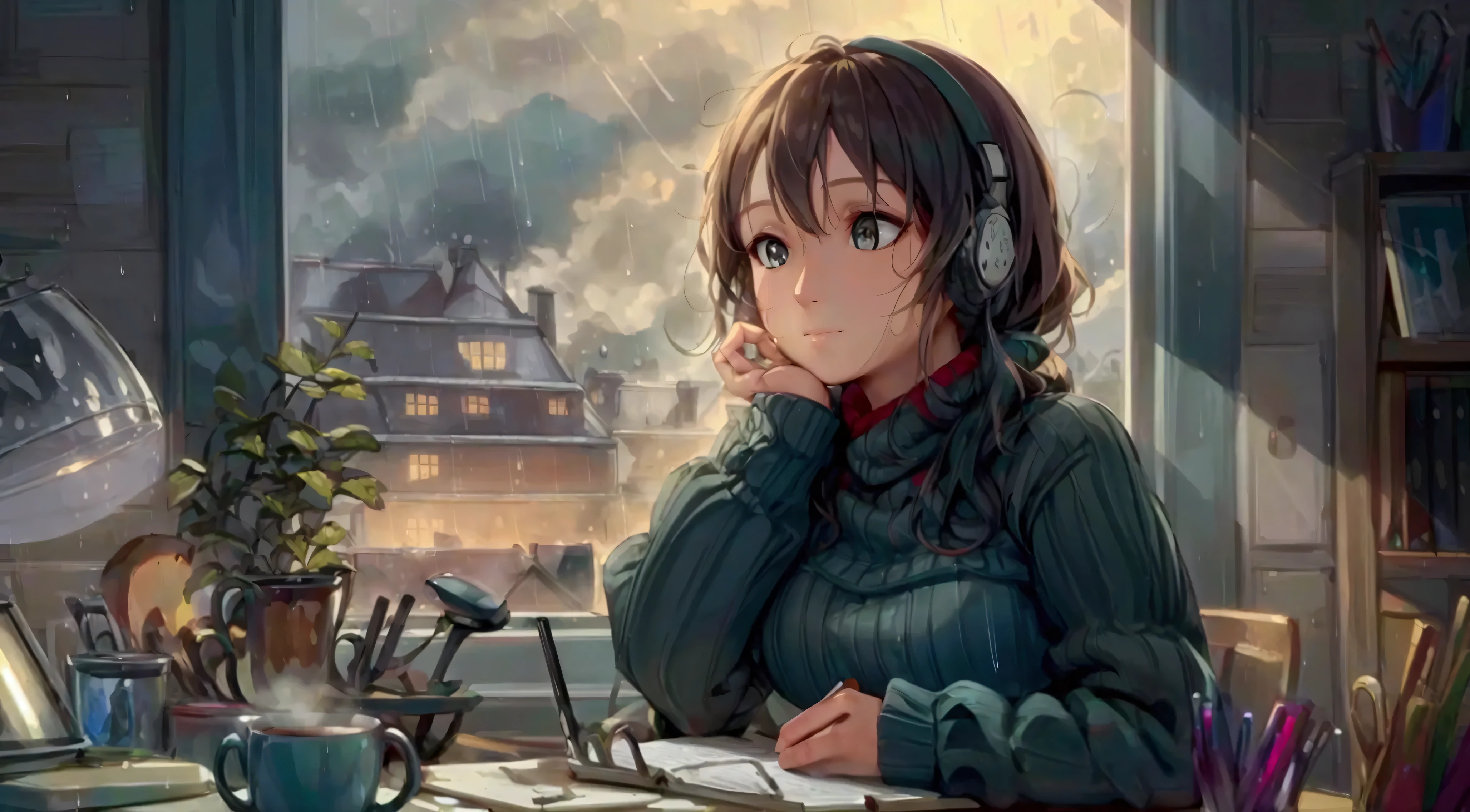 a person observing the slow rainfall outside, listening to the sound of raindrops hitting the window, holding a hot cup of tea while writing or drawing in a notebook, rain, window, cup of tea, notebook, contemplation, rainy day, relaxation, calmness, cozy atmosphere, detailed facial features, detailed clothing, detailed background, cinematic lighting, soft colors, muted tones, (best quality,4k,8k,highres,masterpiece:1.2),ultra-detailed,(realistic,photorealistic,photo-realistic:1.37)