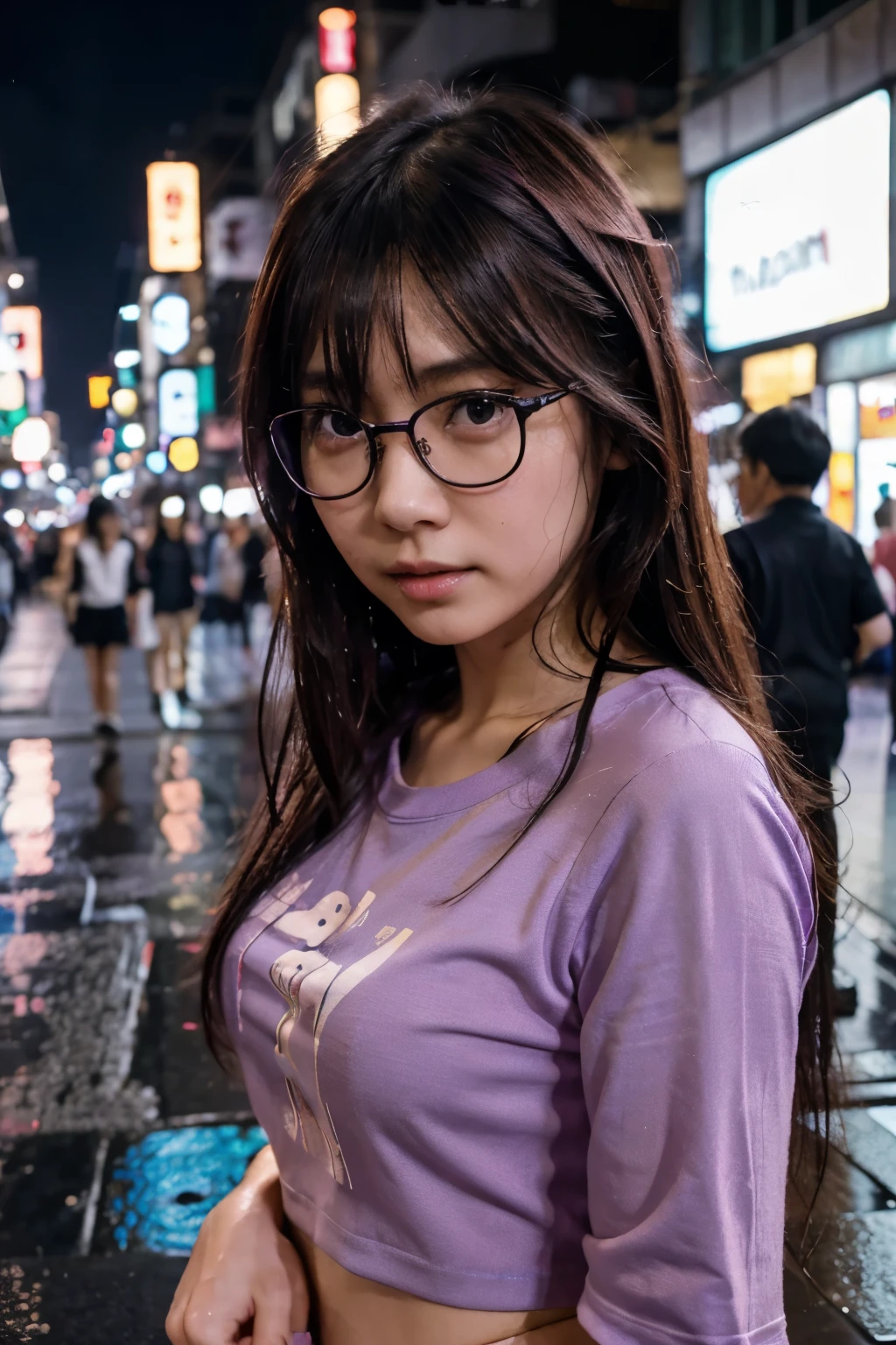 (masterpiece, highest quality, High resolution simple 35 year old Japanese woman, Wear glasses, Beautiful long shiny black hair, snappy bangs, Shining Face, Shiny skin, Written boundary depth, chromatic aberration, Caustics, natural shadows,  kind, smile, Small devil,Cute face, Thighs, Film Grain, chromatic aberration, Sharp focus, Face Light,  Detailed face, Background blur, Huge breasts, Slender body, sexy lace clothing, Flushed face, She is holding a transparent, invisible cylindrical object, opening her mouth and sucking it with gusto., I can see my crotch, Squat with your legs wide apart, Back alleys of Shinjuku at night, Full body portrait, Photographed from the front