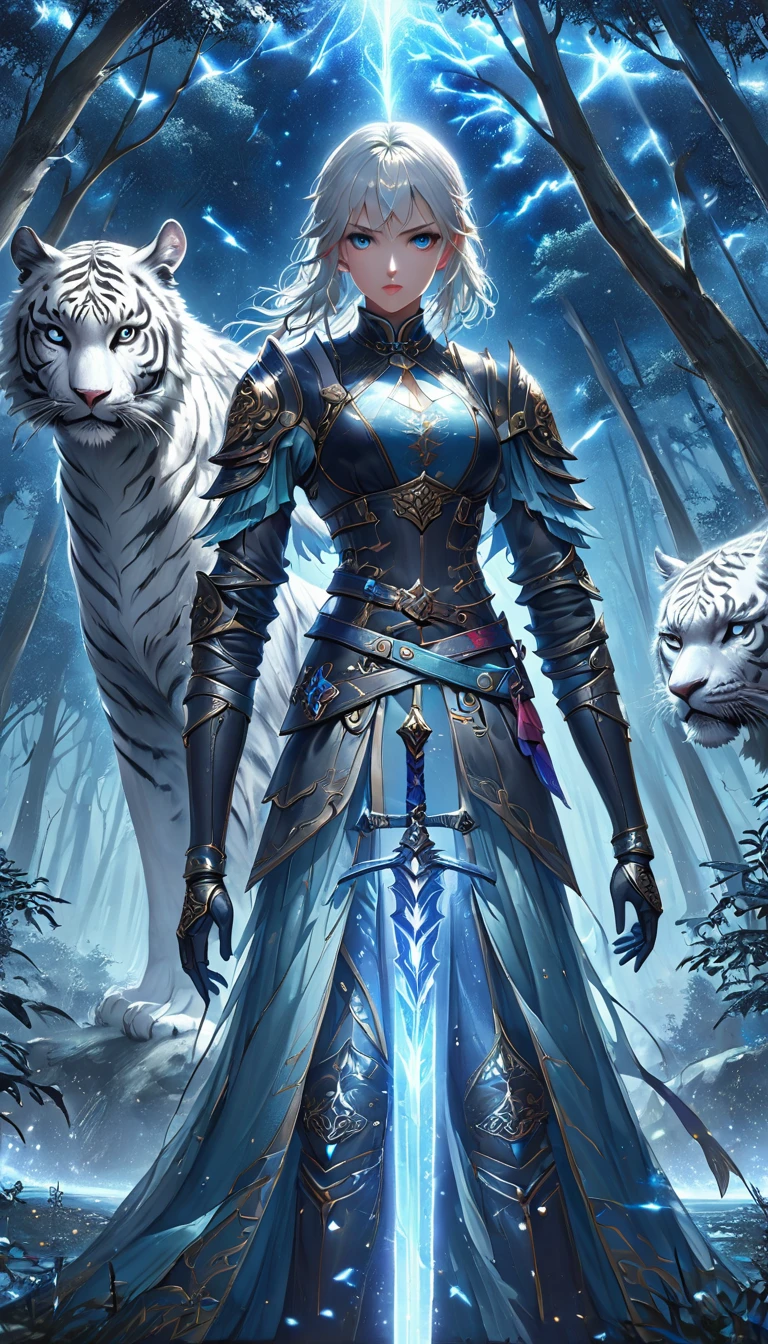 Generate a highly detailed, 8K, ultra-detailed, masterpiece-quality image of an epic female drow ranger in a dynamic, wide-angle shot, set in a dark, enchanted forest. The drow, with long, thick white hair and intense eyes, wears intricate leather armor and boots, her black skin contrasting with the magical blue glow of her epic sword. The glowing sword pulses with energy, casting blue light over the forest. She stands confidently, speaking with a majestic white tiger, whose fur is detailed with intricate patterns. At her side, a fierce white wolf sits, both loyal and vigilant. The moonlight filters through the trees, illuminating the scene with soft light and casting shadows over the foliage, while stars twinkle in the sky. Clouds swirl above, adding to the mystical atmosphere. The composition is dynamic and filled with intricate, photorealistic details, creating an epic fantasy scene with RPG and DnD art inspiration.